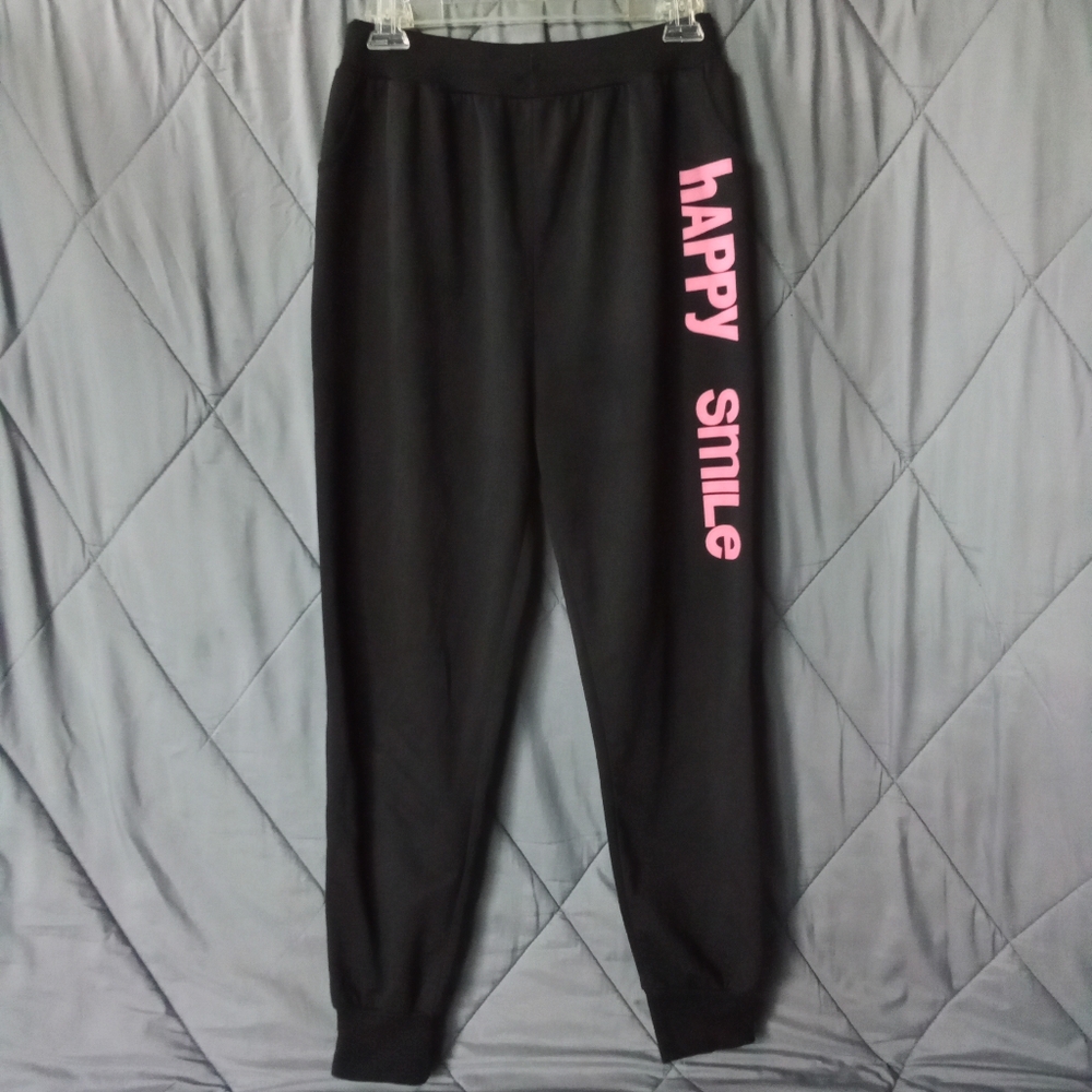Women's "Happy Smile" Black Sweatpants Multi Color Smiley Face Graphic Print
